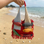 Boho 3D Fish Applique Knitted Beach Tote